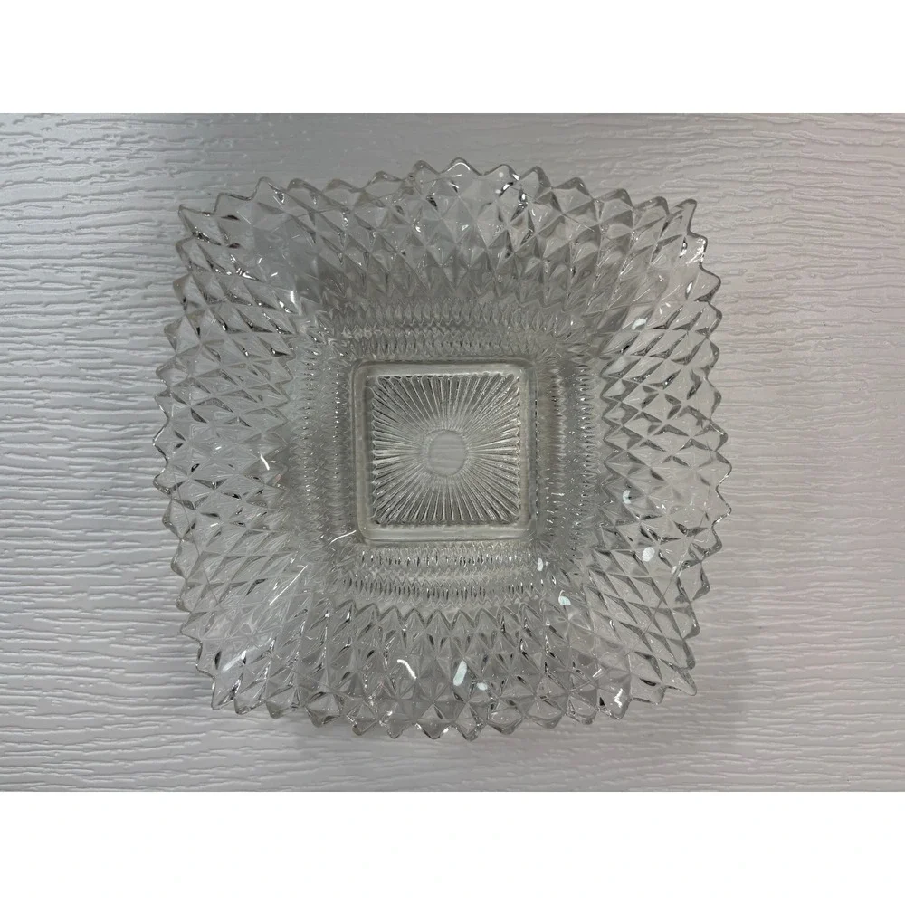 Vintage Clear Pressed Glass Diamond Point Ruffled Edge Square Bowl 6